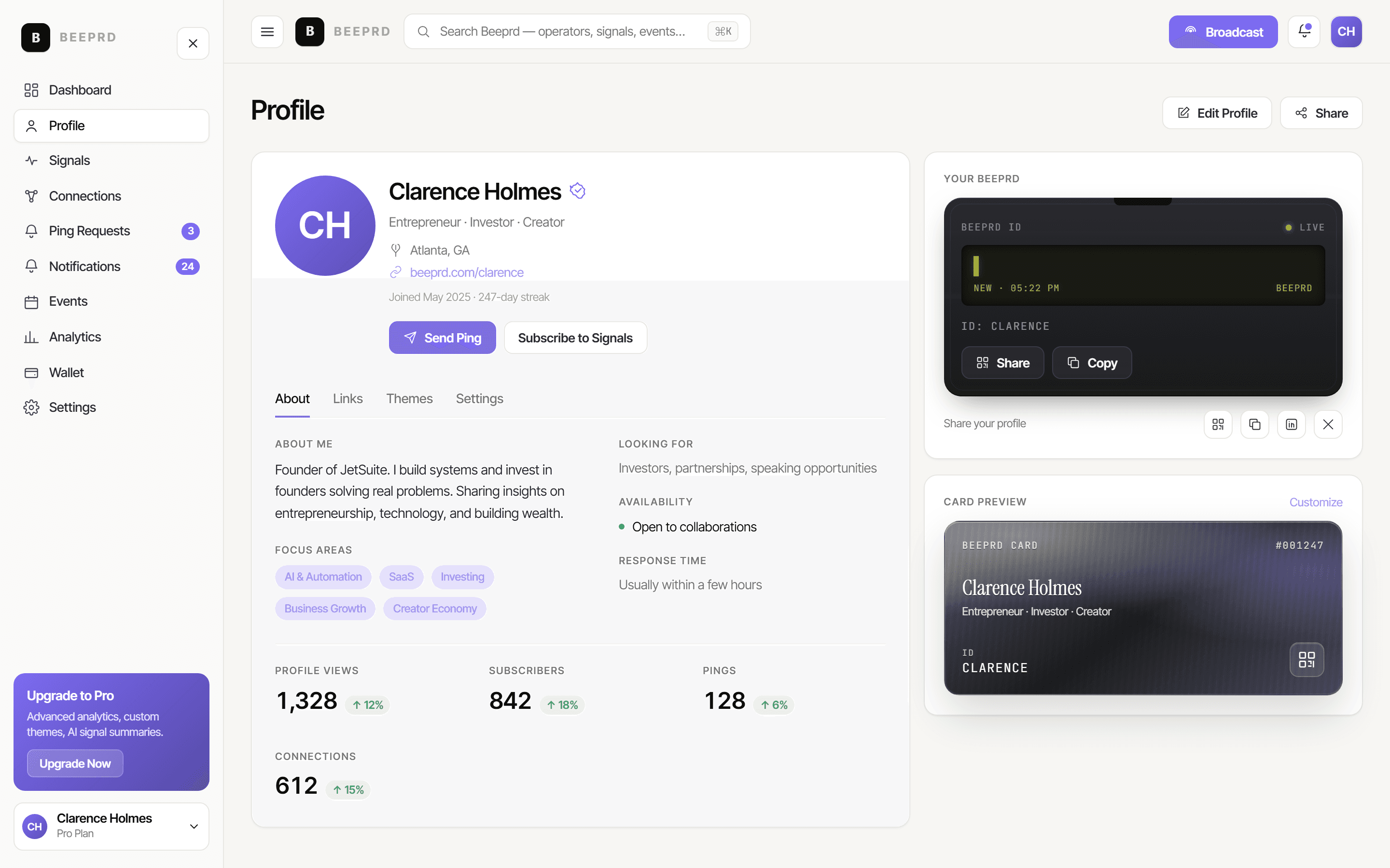 Beeprd profile page